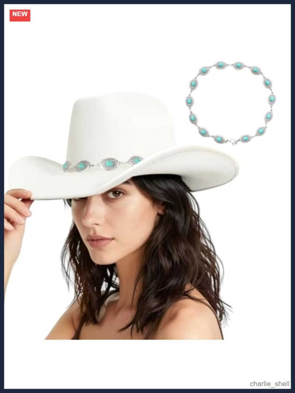 Felt Cowboy Hat with Turquoise Silver Chain Band Wide Brim